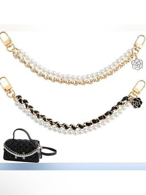 Purse Charm Camellia Flower Leather Gold Chain Extender Pearls White Gold